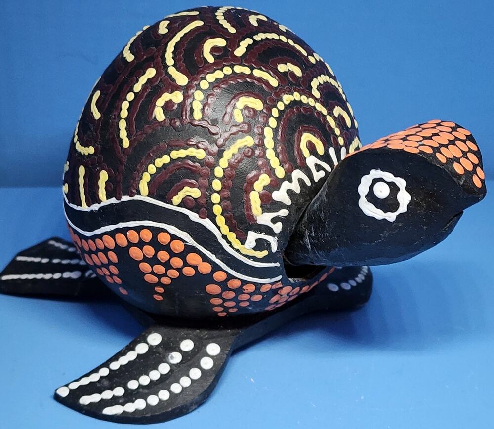 FLAW READ Jamaica Handpainted Wood / Gourd Bobbing Head Turtle Bobblehead VTG